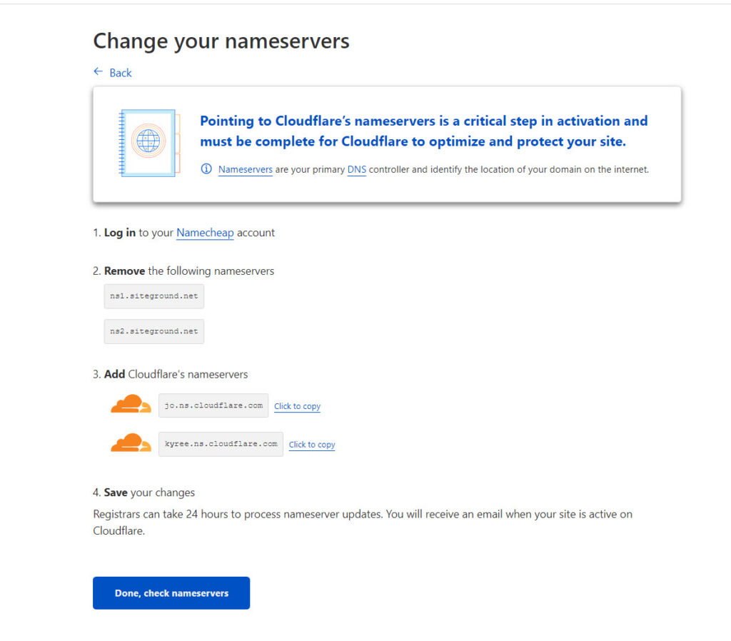 Cloudflare Change NameServers Settings Page