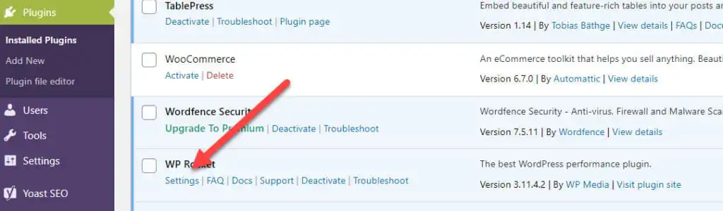 WP Rocket Plugin Accessed via Plugins