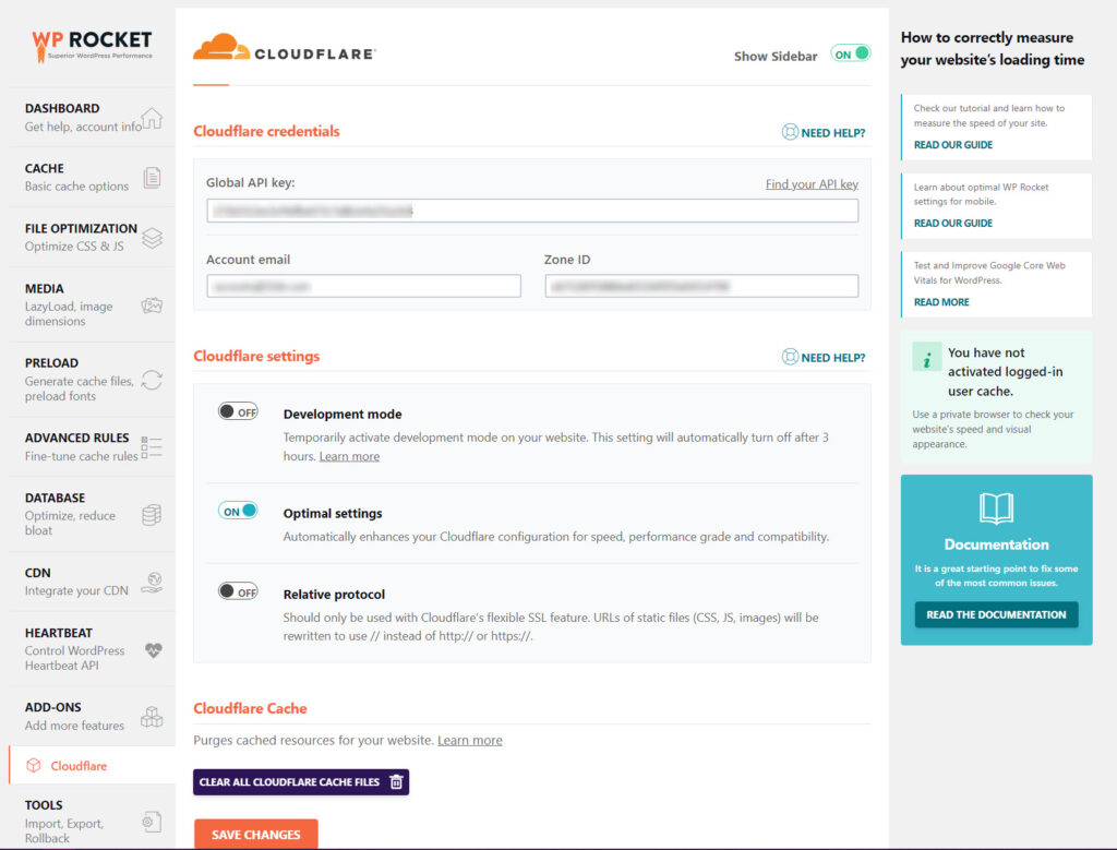 WP Rocket Cloudflare Settings Page