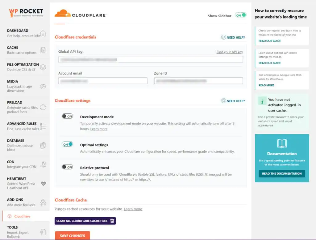 WP Rocket Cloudflare Settings Page