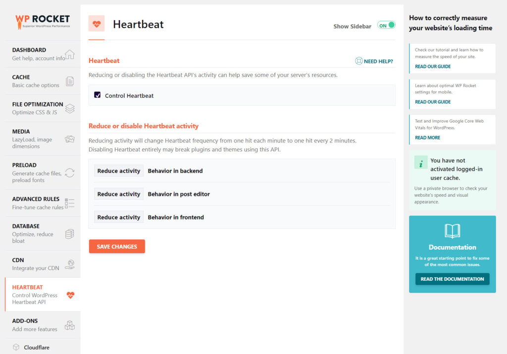 WP Rocket Heartbeat Settings Page