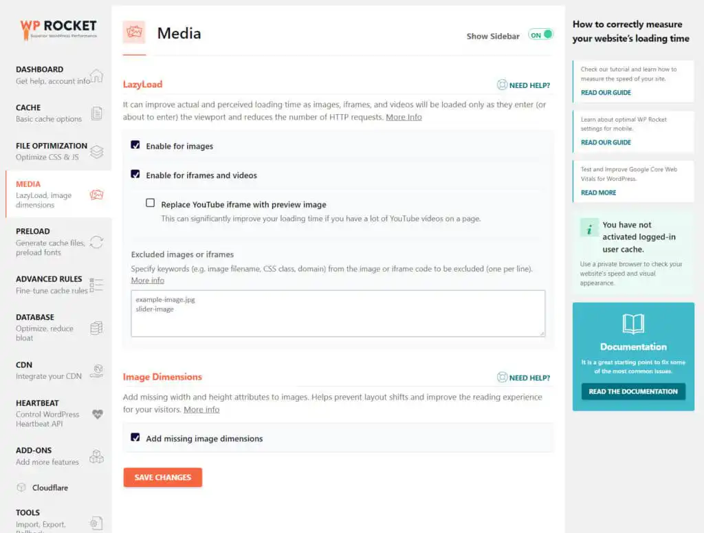 WP Rocket Media Settings Page