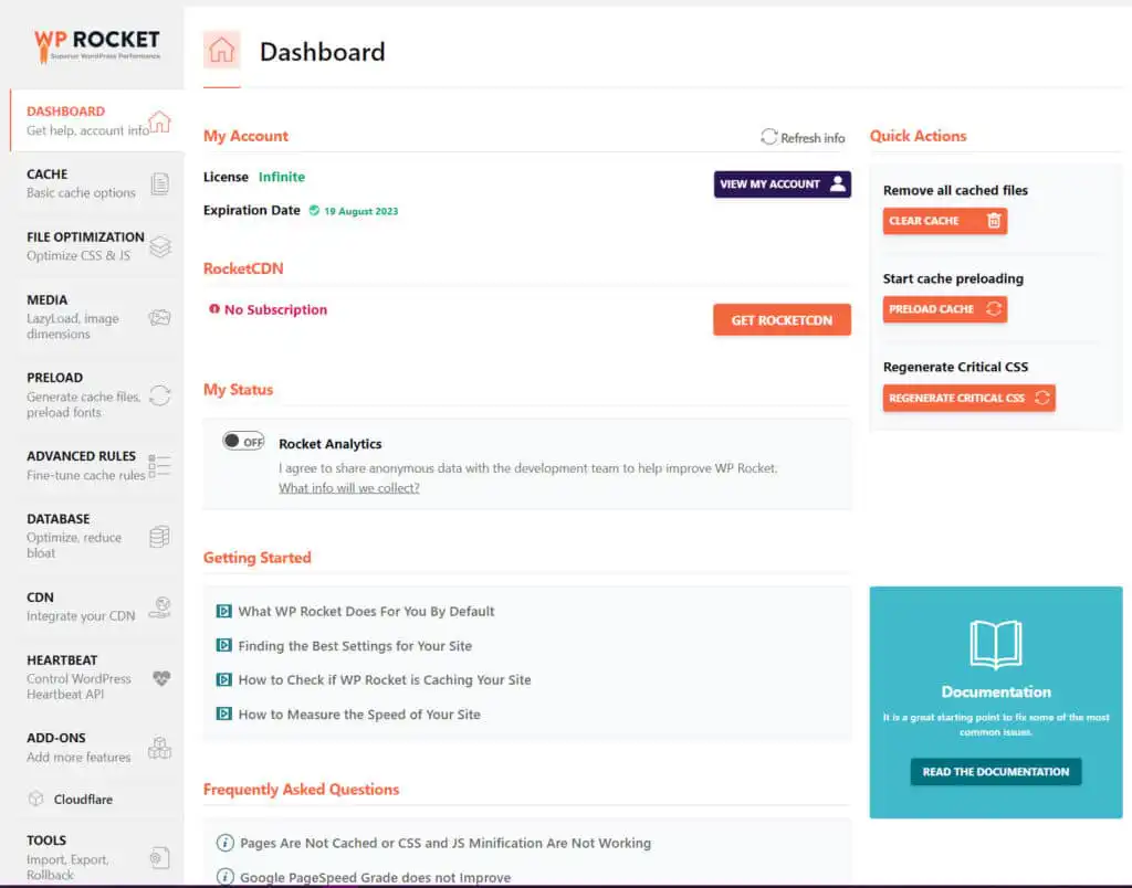 WP Rocket Settings Page